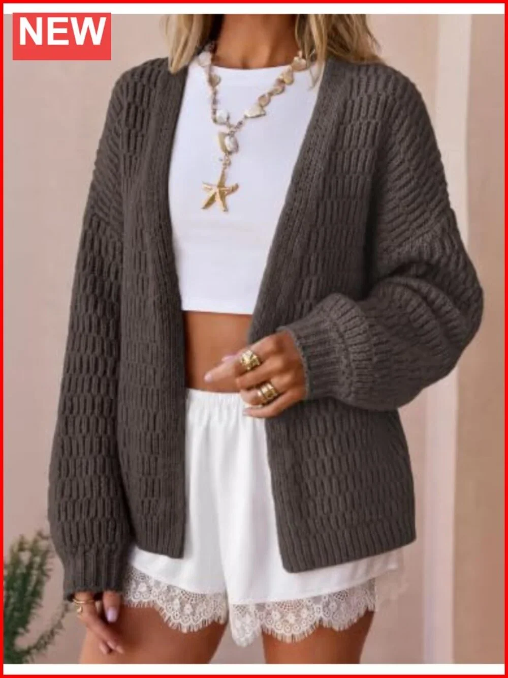 Chunky Knit Open Front Cardigan Sweater Loose Fit Long Sleeve